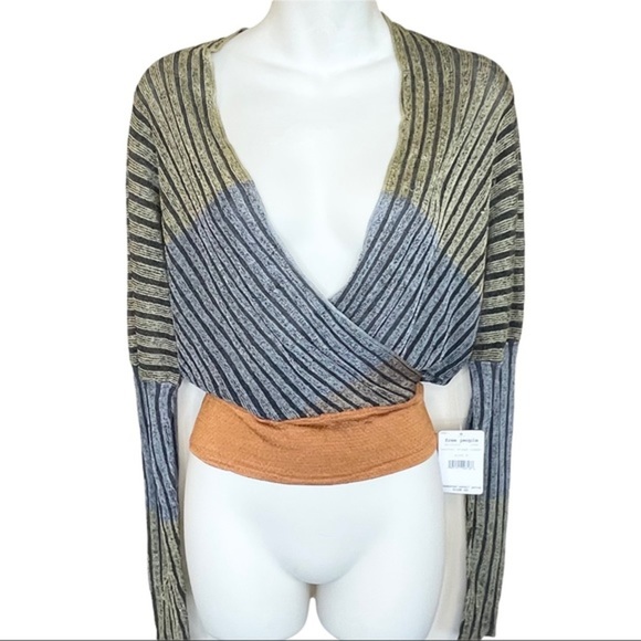Free People Pluto Faux Wrap Multicolor Long Sleeve Ribbed Top Size Small NWT - Picture 4 of 12